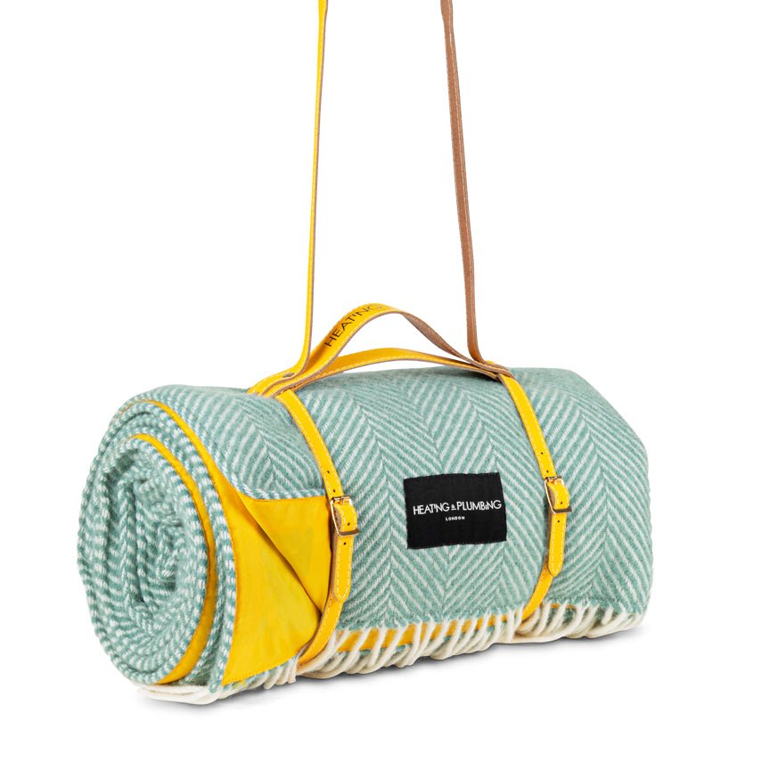 Pure new wool picnic blanket - Mint Green & Yellow - Heating & Plumbing London - Picnic Blanket