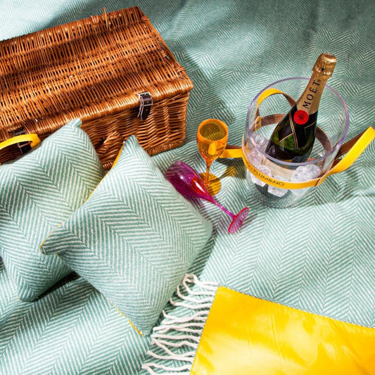 Pure new wool picnic blanket - Mint Green & Yellow - Heating & Plumbing London - Picnic Blanket