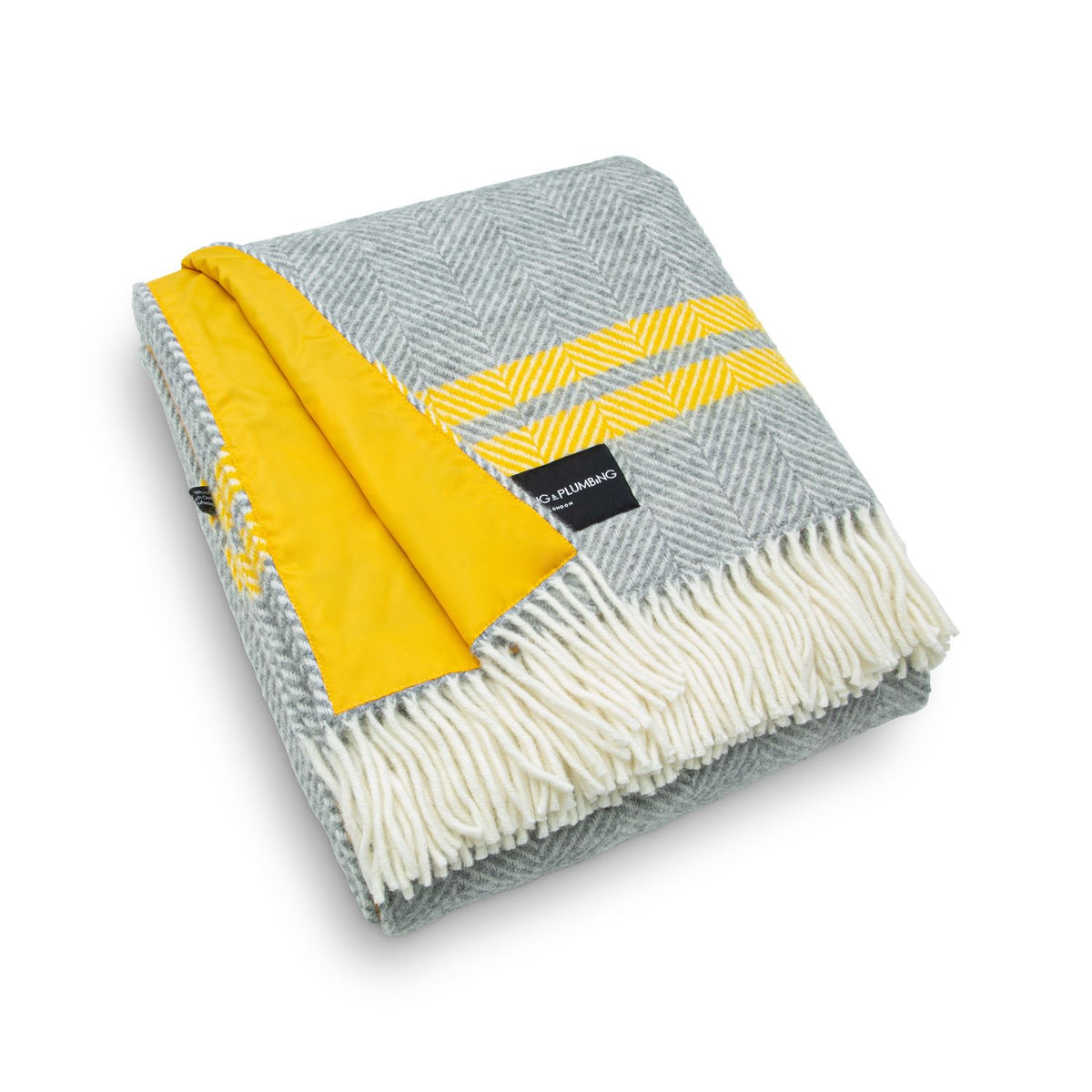 Grey wool picnic blanket with yellow stripes, cream fringe, and waterproof yellow backing – Heating & Plumbing London