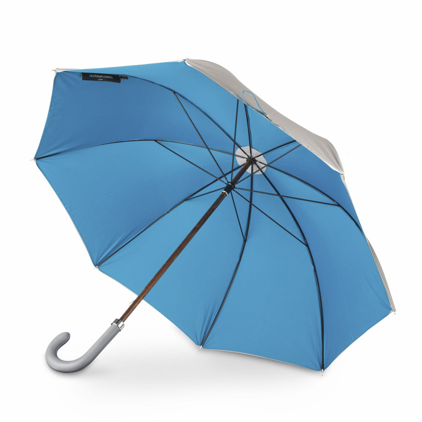 Gents umbrella in blue and grey with leather handle