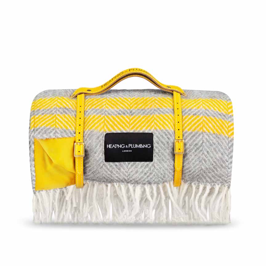Classic grey wool blanket with 2 yellow stripes and yellow waterproof backing 