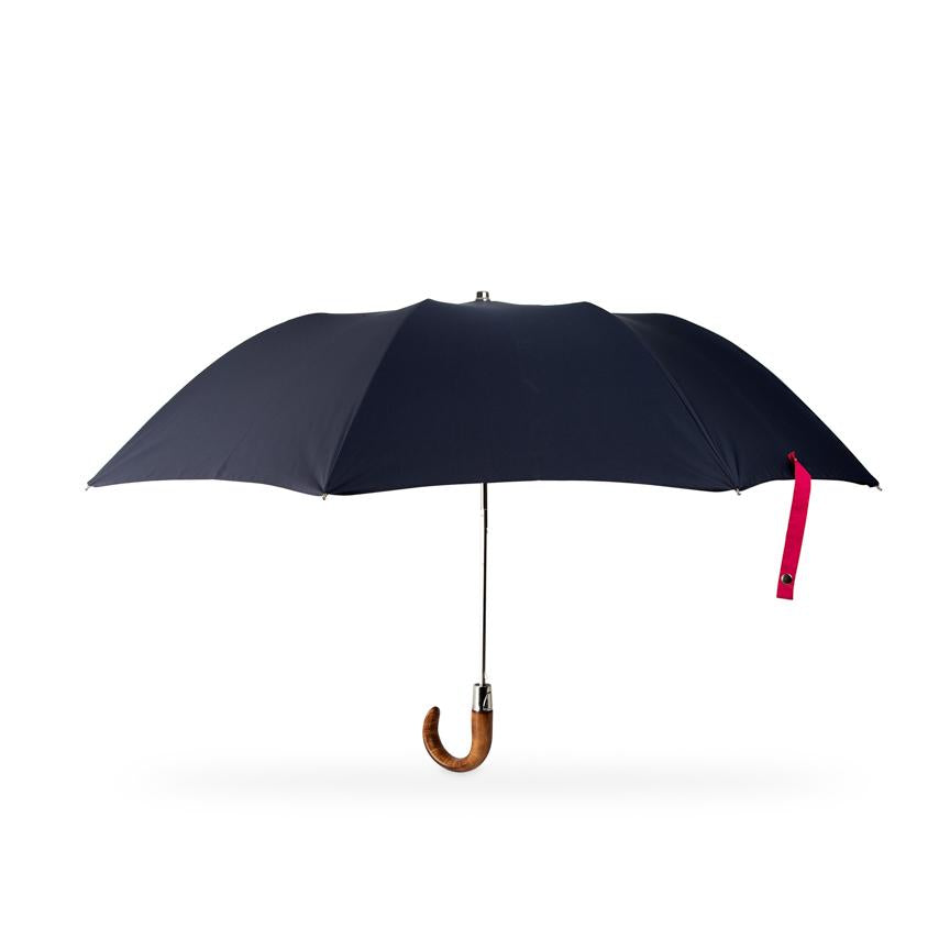 marine blue folding umbrella with wooden handle