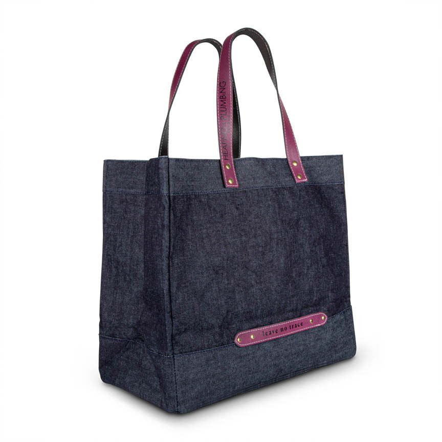 city denim tote for markets and shopping with purple leather handles 