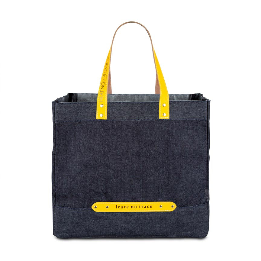 blue denim bag with yellow leather handles 