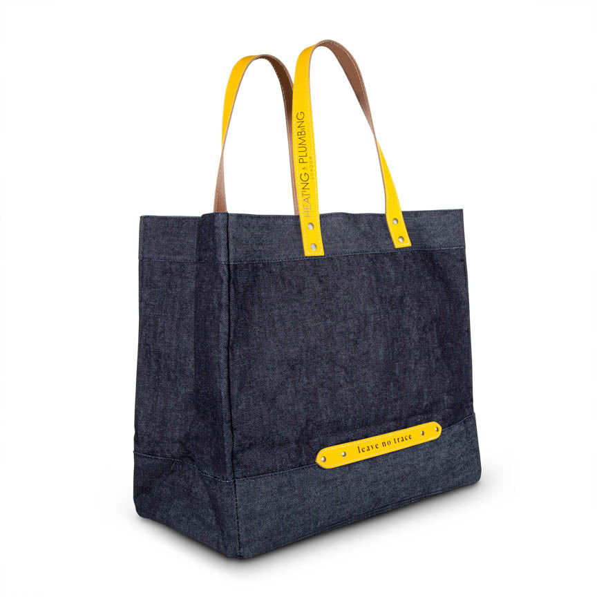 luxury leather and denim tote in yellow and blue