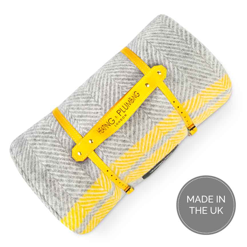 Perfect outdoor blanket with waterproof backing fishbone grey with yellow stripes