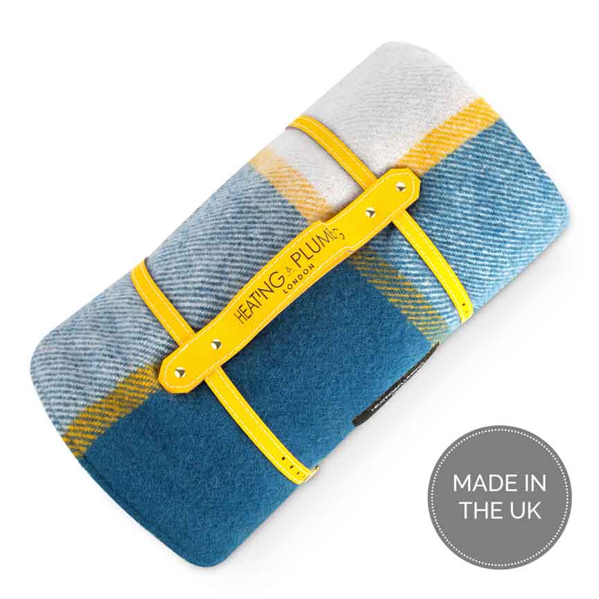British made picnic blanket in yellow and blue