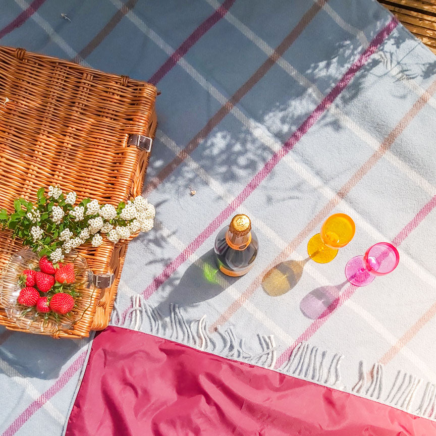 duck egg checked picnic blanket with waterproof backing