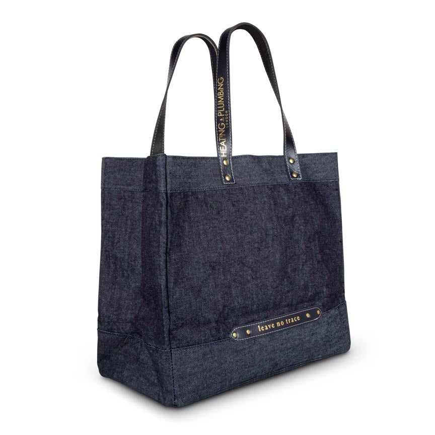 denim city bag with leather handles 